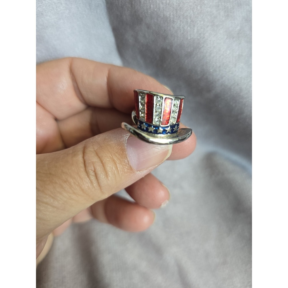 Vintage Patriotic Uncle Sam Top Hat Pin Brooch Rhinestone Red & Bue Enamel
